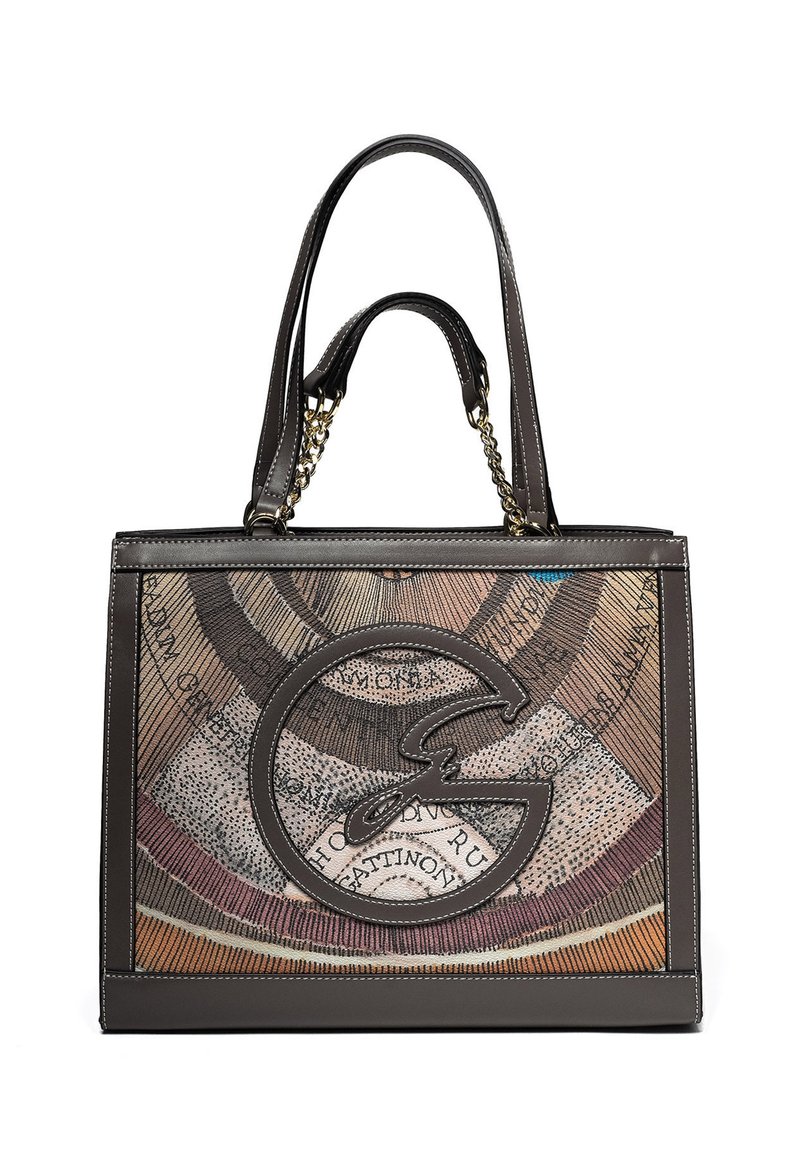 Borsa tote in pelle marrone con due manici, caratterizzata da un grande logo circolare cucito e un motivo astratto multicolore sul pannello frontale.