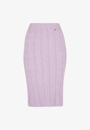 Liliowa spódnica ołówkowa z dzianiny w splot warkoczowy z żebrowanym pasem. Posiada teksturowany wzór oraz subtelny akcent logo na pasie.