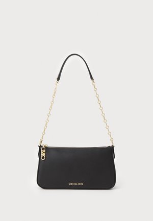 Black leather handbag with gold chain strap, rectangular shape, smooth texture, featuring a zip closure and embossed brand logo on the front.