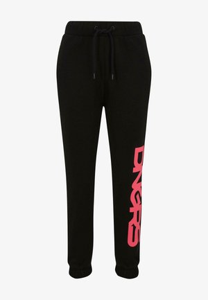 Pantaloni sportivi neri con vita e polsini elasticizzati, dotati di un logo rosa prominente sulla gamba sinistra. Realizzati in un tessuto morbido e leggero.