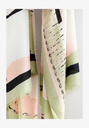 Leichter Schal mit einer Mischung aus grünen, pinken und schwarzen abstrakten Mustern. Die Ränder sind fransig, und der Stoff wirkt weich mit einer glatten Textur.