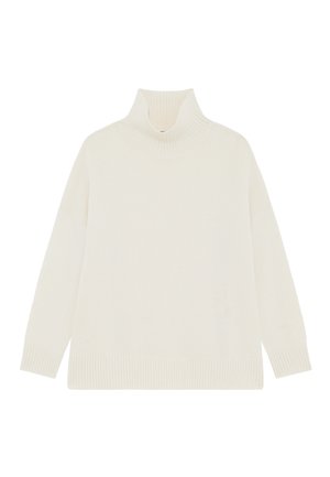 Maglione a collo alto crema con scollatura e polsini a costine, vestibilità oversize, texture morbida e senza motivi o hardware visibili.