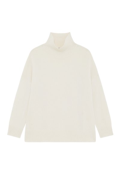 Maglione a collo alto crema con scollatura e polsini a costine, vestibilità oversize, texture morbida e senza motivi o hardware visibili.