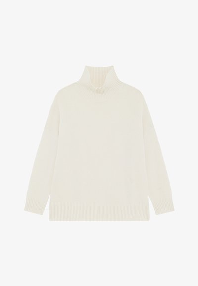 Maglione a collo alto crema con scollatura e polsini a costine, vestibilità oversize, texture morbida e senza motivi o hardware visibili.