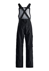 Schwarze wasserdichte Latzhosen mit verstellbaren Trägern, Frontreißverschlusstaschen und verstärkten unteren Beinen. Glatte Textur mit robustem Design.