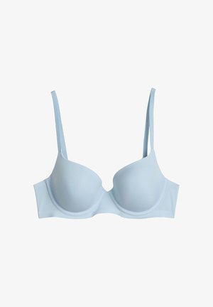 Light blue padded bra with underwire and adjustable shoulder straps, shown flat against a white background.