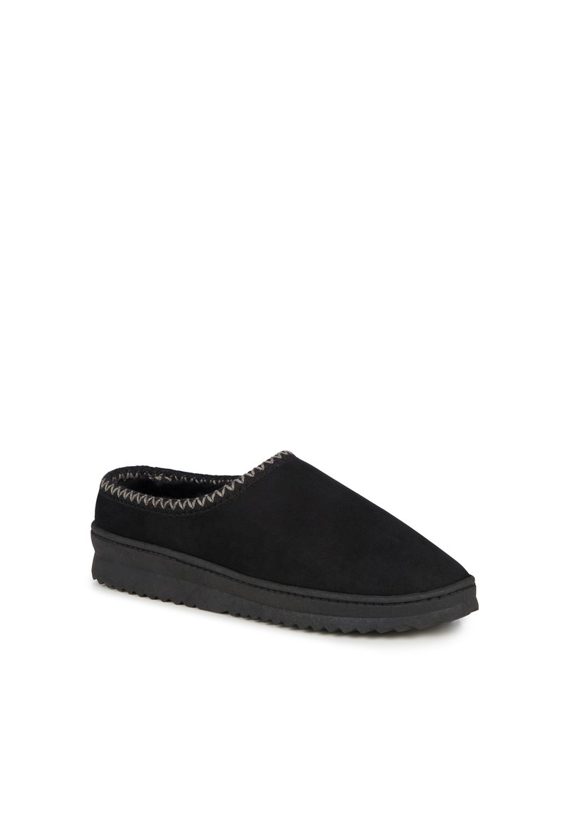 Schwarze Wildleder-Slipper mit niedrigem Profil, strukturiertem Innenfutter und kontrastierendem Zickzackstich entlang der oberen Kante. Robuste Sohle.