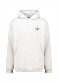 Light gray hooded sweatshirt made of soft fabric, featuring a front pocket and a black eye graphic on the left chest area.