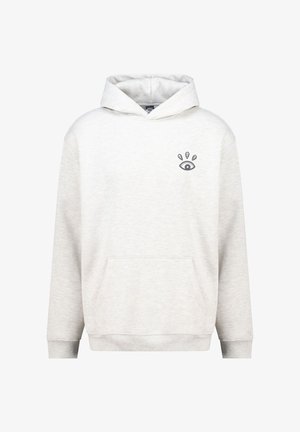 Light gray hooded sweatshirt made of soft fabric, featuring a front pocket and a black eye graphic on the left chest area.