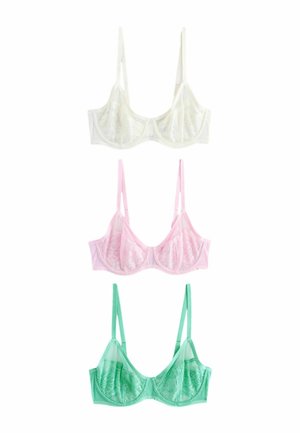 Three lace underwire bras in white, pink, and green, with adjustable shoulder straps, arranged vertically on a white background.