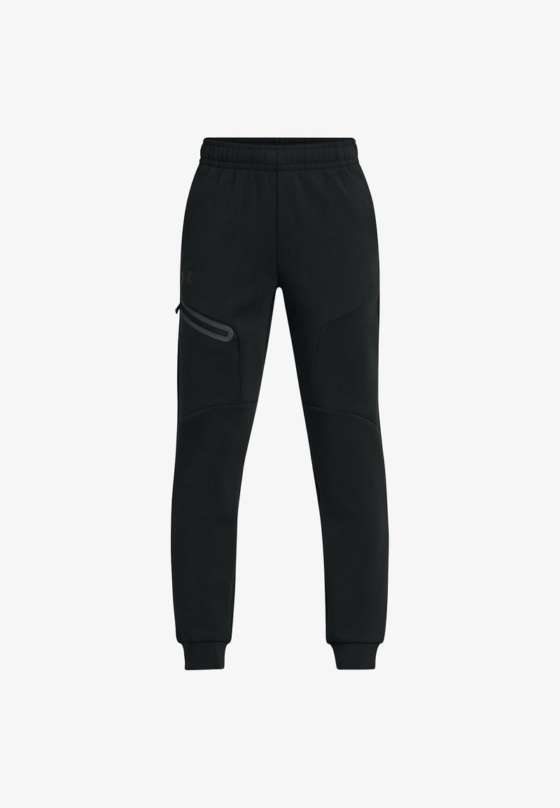 Melni treniņbikšu izgatavoti no mīksta auduma, ar elastīgu jostasvietu, ar rāvējslēdzēju sānu kabatu un iežmauktām kājām ar ribota kāju galiem.