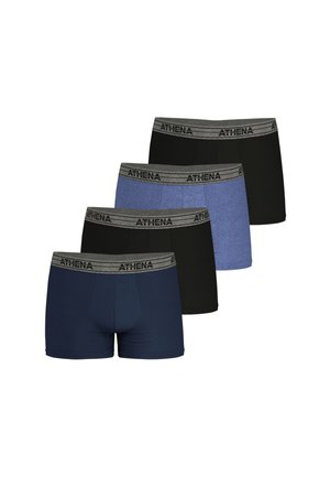 Pack de boxers comprenant quatre couleurs : bleu marine, noir, bleu clair et gris foncé, avec une ceinture élastique grise marquée "ATHENA."