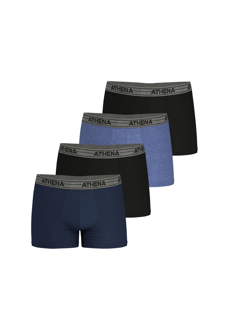 Pack de boxers comprenant quatre couleurs : bleu marine, noir, bleu clair et gris foncé, avec une ceinture élastique grise marquée "ATHENA."