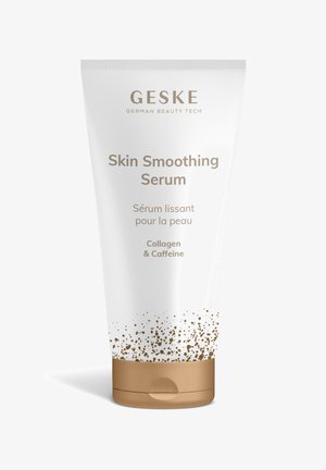 GESKE Skin Smoothing Serum tube met collageen en cafeïne, met goudgestippeld ontwerp en gouden fliptopdop.