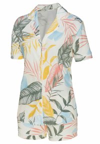Short-sleeve pajama set in cotton, featuring a tropical leaf print in green, pink, yellow, and blue on a light background. Button closure front.