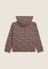 Sweat à capuche rose avec un motif léopard noir. Doté d'une capuche et de longues manches, fabriqué dans un tissu doux et texturé.