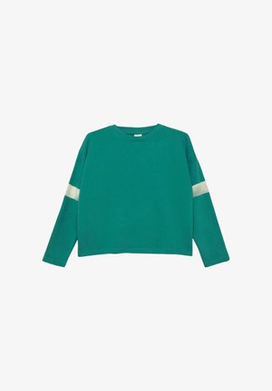 Türkisfarbenes, langärmeliges, kurz geschnittenes Sweatshirt mit einem einzelnen verblassten weißen Streifen auf jedem Ärmel vor weißem Hintergrund.