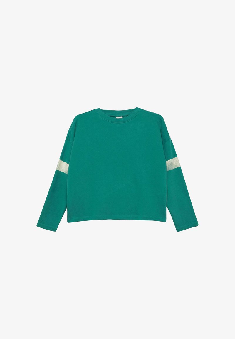 Sweat-shirt court à manches longues couleur sarcelle avec une seule bande blanche délavée sur chaque manche, sur fond blanc.