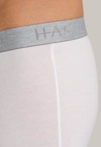 Vita bomullsunderkläder med en ljusgrå elastisk midjeband med präglad varumärkestext. Slät textur med en sid sömdetalj.