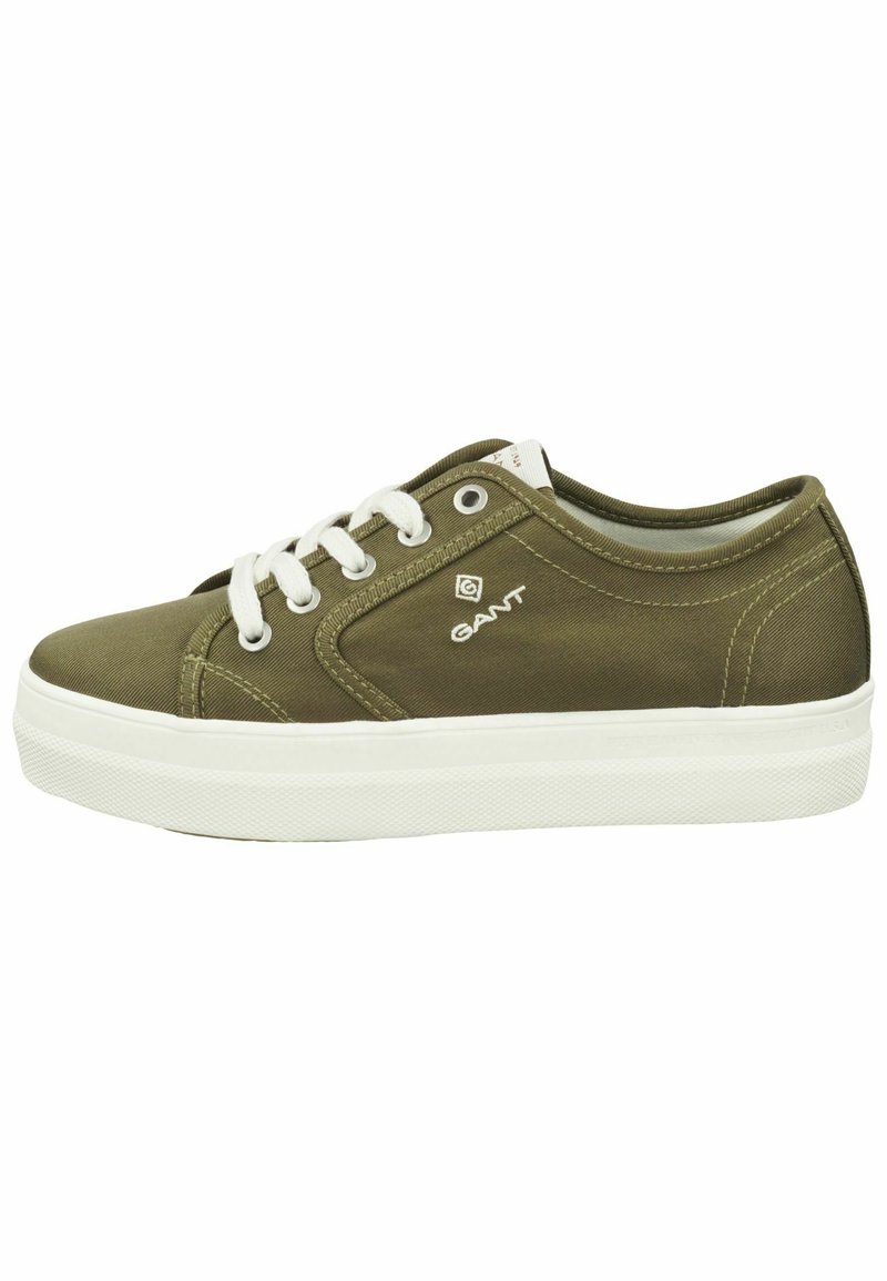 Olive green canvas sneaker with white laces, white rubber sole, and GANT logo on the side.