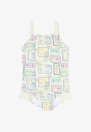 Børns ærmeløse badedragt med flæser ved benåbningerne, med pastelfarvede sommermotiver af strandscener, palmer og tekstbokse.