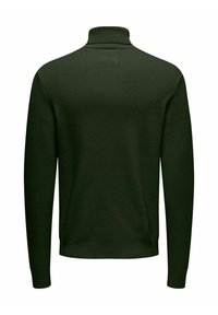 Pulover verde închis cu guler înalt, textură răsucită, mâneci lungi și tiv drept, evidențiind un design simplu, de o singură culoare.