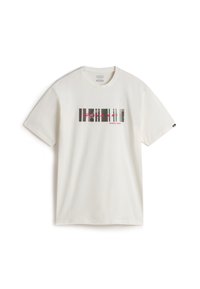 White cotton t-shirt featuring a graphic print with red, green, and black bars, and the text "VANS since 1966." Classic crew neck design.