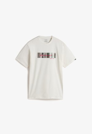 Hvid bomuld t-shirt med et grafisk print bestående af røde, grønne og sorte striber, samt teksten "VANS siden 1966." Klassisk crew neck design.
