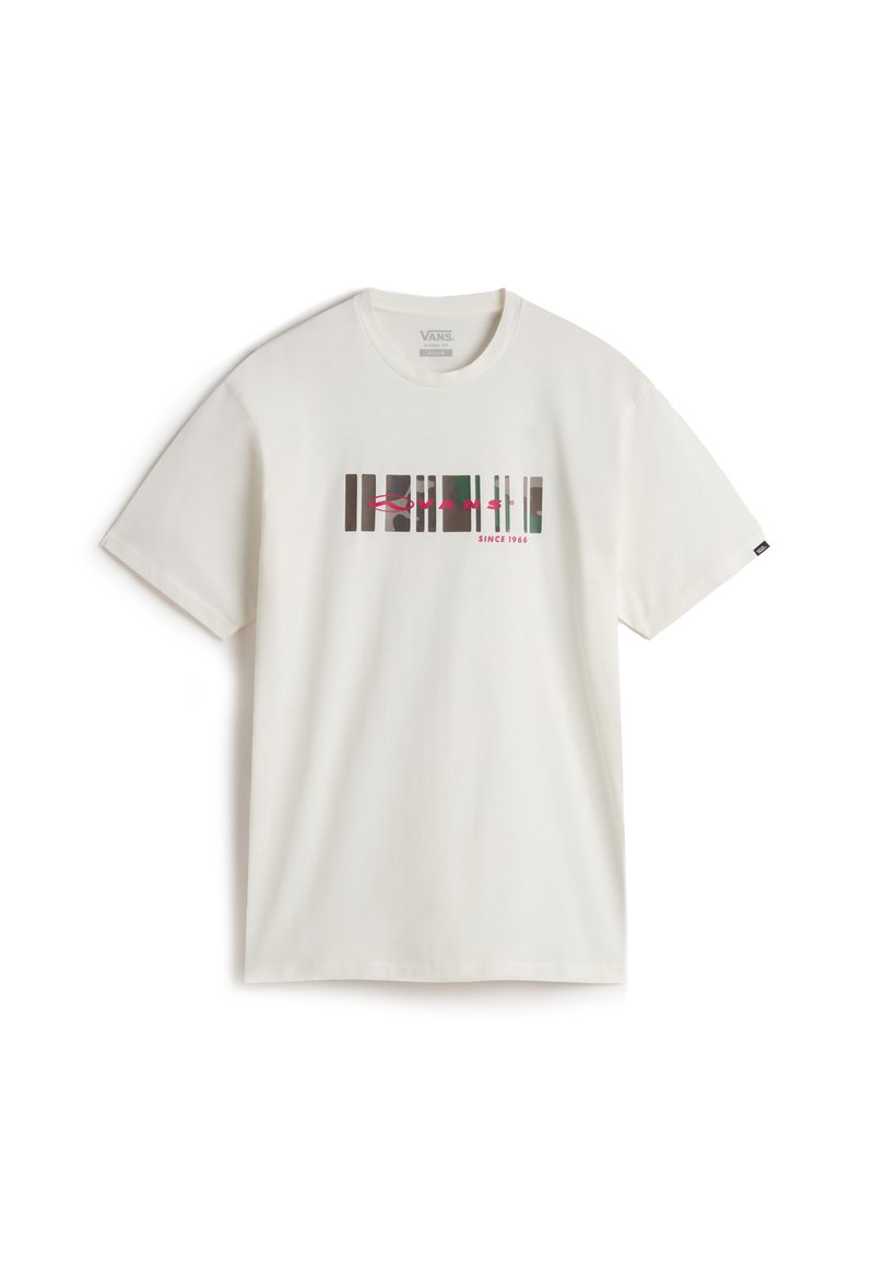 White cotton t-shirt featuring a graphic print with red, green, and black bars, and the text "VANS since 1966." Classic crew neck design.