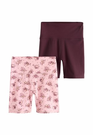 Zwei Paar Biker-Shorts mit hoher Taille, eines in dunklem, einfarbigem Burgunderrot und eines in Hellrosa mit kleinem Blumenmuster.