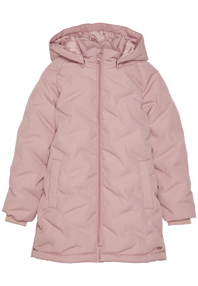 Rosa Pufferjacke mit Kapuze, ausgestattet mit einem Frontreißverschluss, elastischen Bündchen und zwei Seitentaschen. Strukturiertes, gestepptes Stoffdesign.