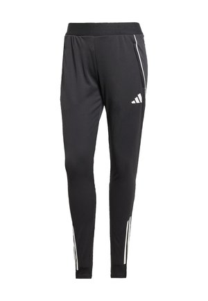 Pantaloni sportivi neri con un design aderente. Realizzati in tessuto morbido, con strisce bianche sui lati e una vita elastica. Inclusi due taschini laterali.