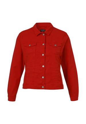 Rote Jeansjacke mit langen Ärmeln, Knopfleiste, spitzem Kragen und zwei aufgesetzten Brusttaschen mit Knöpfen.