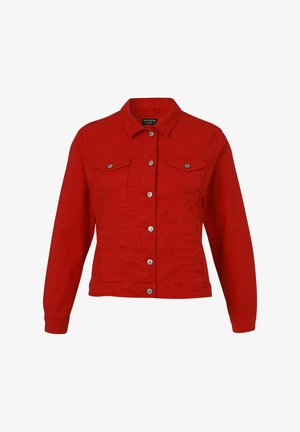 Red denim jacket with long sleeves, button-front closure, pointed collar, and two flap chest pockets with buttons.