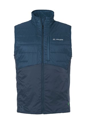 Marineblauer ärmelloser Weste mit hohem Kragen, gesteppter Textur, Vorderreißverschluss und Markenlogo. Verfügt über Taschen und ein Etikett aus recyceltem Material.