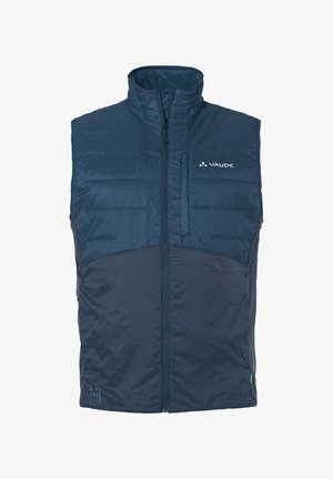 Marineblauer ärmelloser Weste mit hohem Kragen, gesteppter Textur, Vorderreißverschluss und Markenlogo. Verfügt über Taschen und ein Etikett aus recyceltem Material.