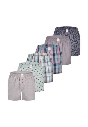 Boxers para hombres con patrones variados: diseños a cuadros, florales y de tartán en tonos de azul, verde y gris; cinturilla elástica; material de algodón.