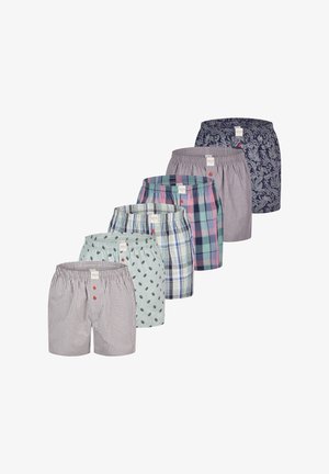 Boxers pour hommes avec des motifs variés : designs à carreaux, floraux et en tartan dans des teintes de bleu, vert et gris ; taille élastique ; en coton.