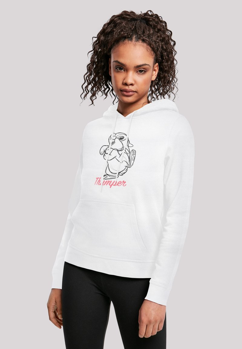 Hvit hettegenser med hette som har et grafisk bilde av en karakter med teksten "Thumper" i rosa. Inkluderer en frontlomme og ribbede mansjetter.