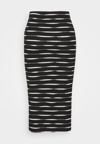 Černá bodycon sukně s horizontálními bílými pruhy. Navržena s upnutým střihem a elastickou látkou pro pružnost a pohodlí.