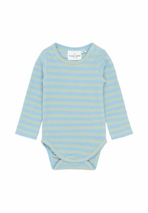 Długi rękaw body dla niemowląt w poziome niebieskie i beżowe paski, z zatrzaskami na ramionach i u dołu, okrągły dekolt.