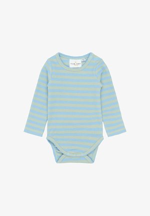 Dětský bodysuit s dlouhým rukávem, s horizontálními modro-béžovými pruhy, s patentkami na rameni a na spodní části, kulatý výstřih.