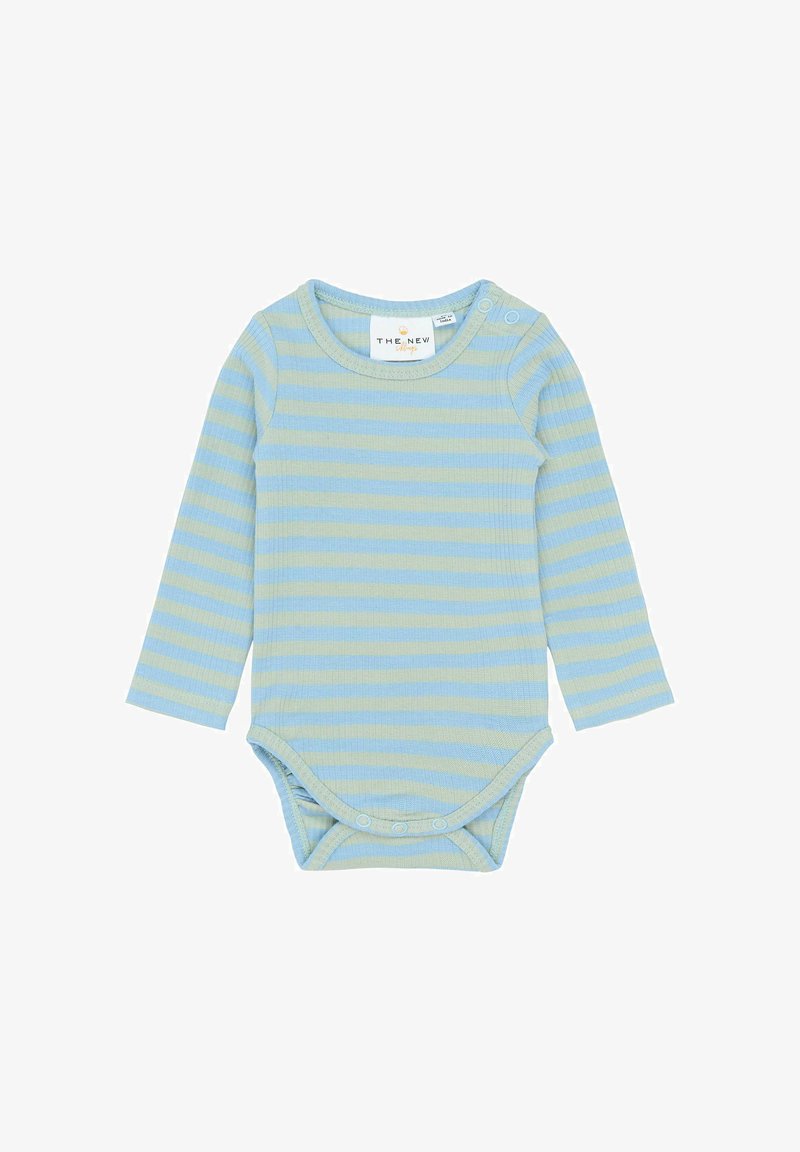 Detský body s dlhým rukávom, ktorý má horizontálne modré a béžové pruhy, s patentkami na pleciach a na spodnej časti, okrúhly výstrih.