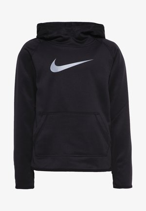 Sudadera negra hecha de una tela suave con un bolsillo delantero, que presenta un gran logotipo plateado de Nike en el pecho y una capucha con cordón.