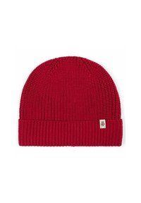 Red knit beanie with a ribbed texture and a folded brim. Features a small branded tag on the side.