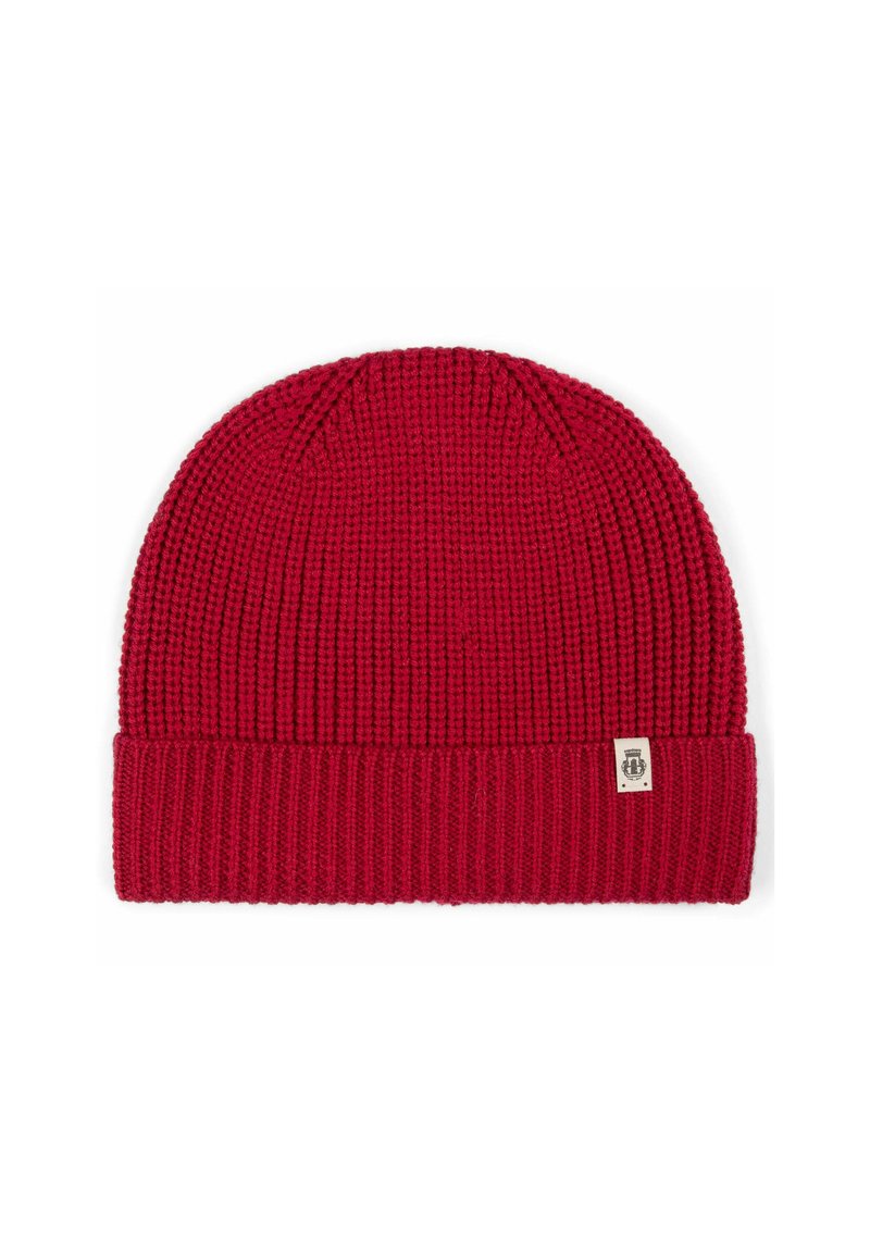 Red knit beanie with a ribbed texture and a folded brim. Features a small branded tag on the side.