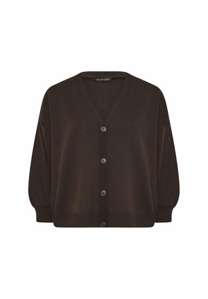 Ciemnobrązowy kardigan z dekoltem w serek, długimi rękawami i czterema dopasowanymi guzikami z przodu, posiadający prążkowane mankiety i dół.
