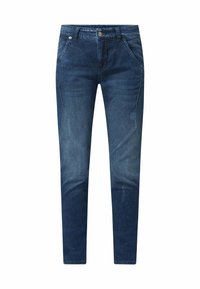 Dark blue denim jeans with a slim fit, featuring subtle fading, whiskering, and a classic five-pocket design. Metal button closure.