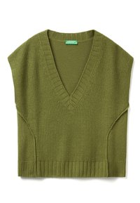 Olivově zelený pletený top bez rukávů s hlubokým výstřihem do V, žebrovaným lemem a strukturovanou tkaninou. Má široké výkroje na ramena a čisté linie.