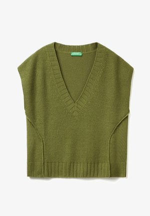 Haut sans manches en tricot vert olive avec un décolleté en V profond, un ourlet côtelé et un tissu texturé. Présente des découpes larges au niveau des épaules et des lignes épurées.
